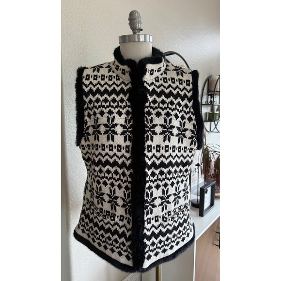 Talbots Fair Isle Chunky Knit Sweater Vest Women's XL Black Faux Fur Trim Nordic - Picture 1 of 9